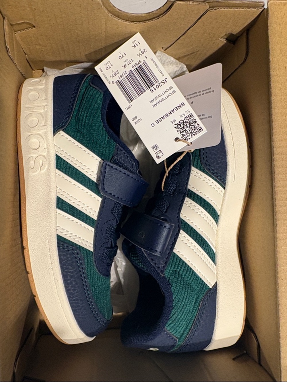 adidas Kids Navy & Green Breakbasket Sneakers with White Stripes